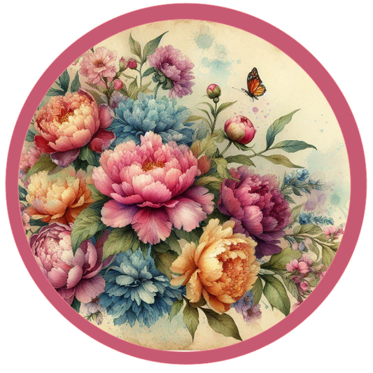 Round metal wreath sign with multicolored pastel peonies by Monkey's Creations. 