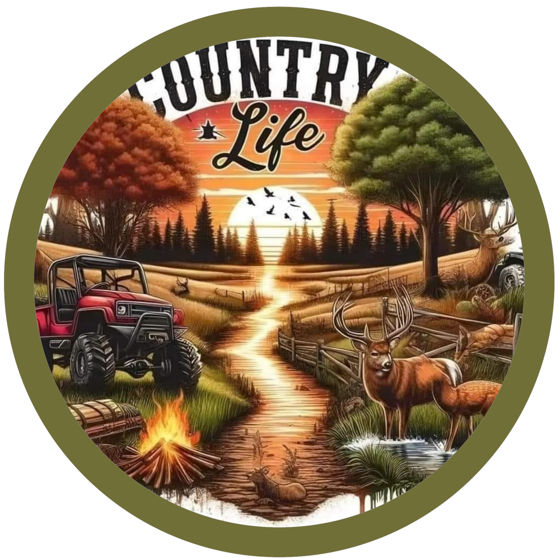 'Country Life' text, featuring a Jeep, deer, and a sunset over trees.