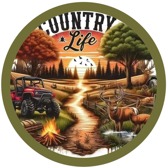 'Country Life' text, featuring a Jeep, deer, and a sunset over trees.
