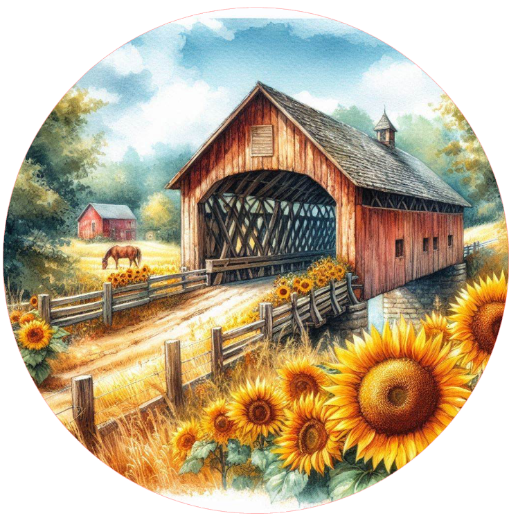 Barn with a horse, fence, and sunflowers 
