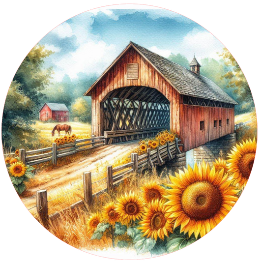 Barn with a horse, fence, and sunflowers 