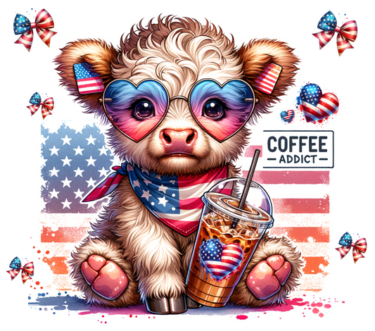 Highland cow with American flag elements and a coffee cup, labeled 'Coffee Addict'.