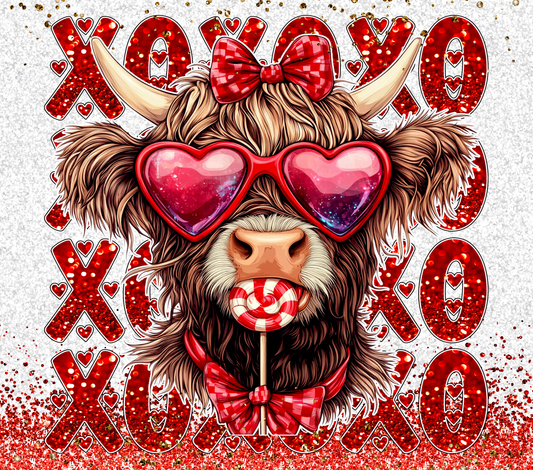 Cute cow with heart sunglasses and lollipop surrounded by red heart symbols 