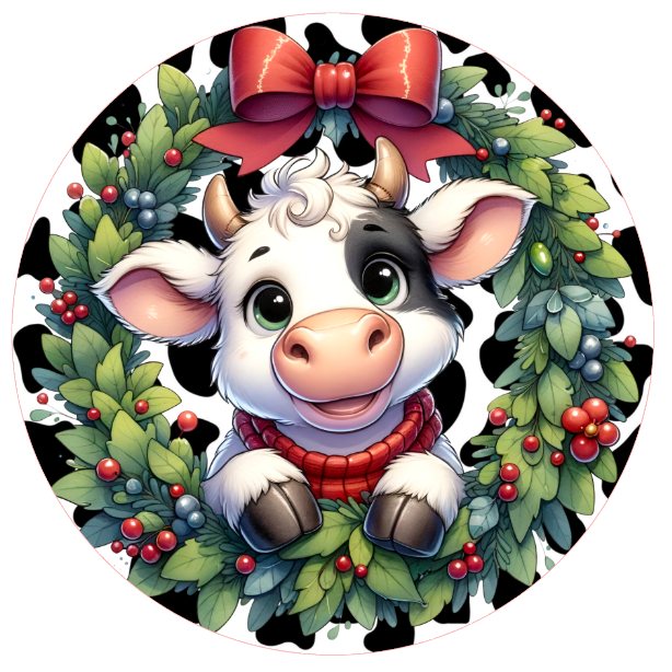 Cartoon cow in a wreath with berries and a bow on a white background