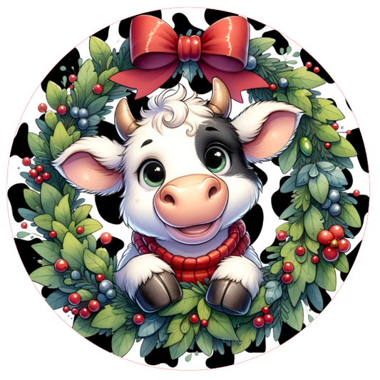 Cartoon cow in a wreath with berries and a bow on a white background