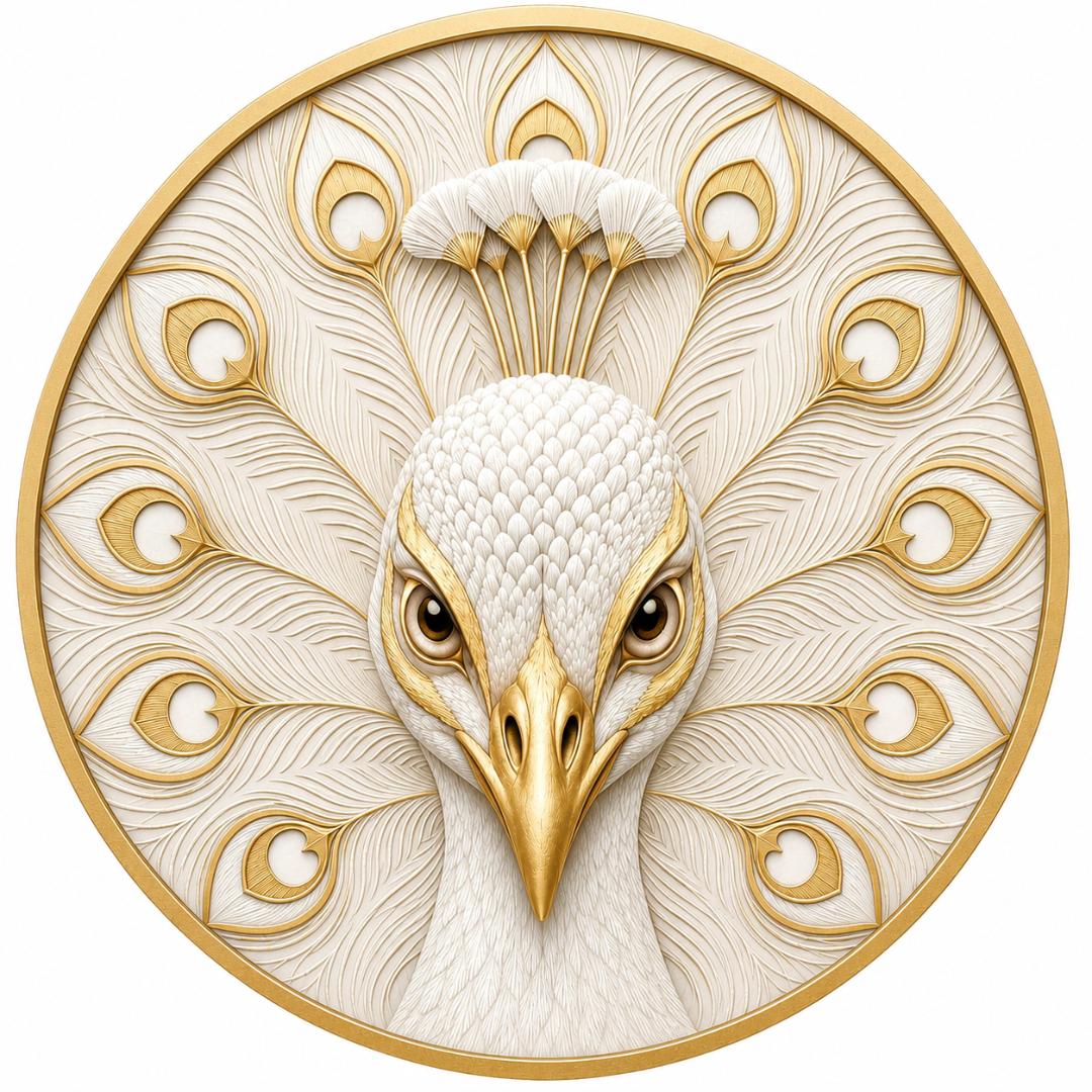 Round metal wreath sign featuring a cream and gold peacock by Monkey's Creations. 