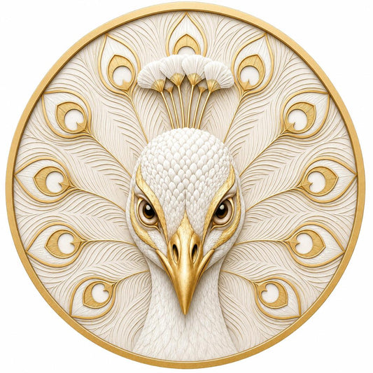 Round metal wreath sign featuring a cream and gold peacock by Monkey's Creations. 