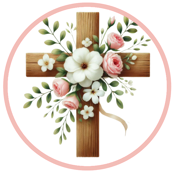 Wooden cross with flowers and leaves 