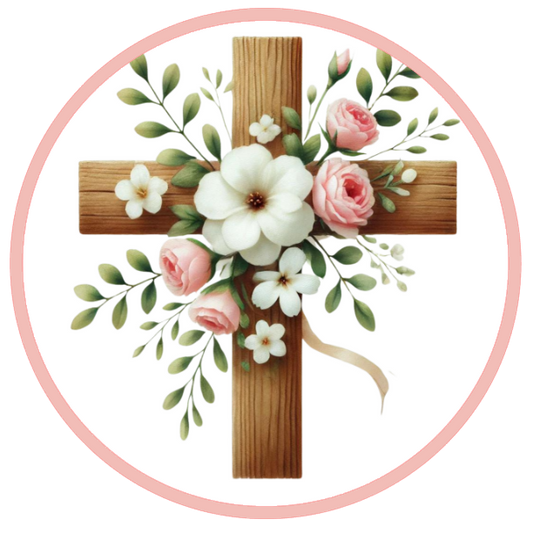 Wooden cross with flowers and leaves 