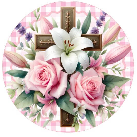 Wooden cross with pink roses and white lilies