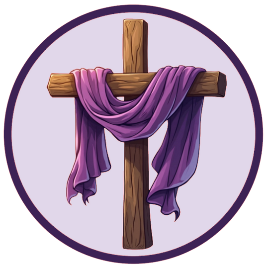 Wooden cross with a purple scarf draped over it 