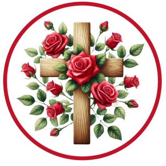 Wooden cross with red roses and green leaves 