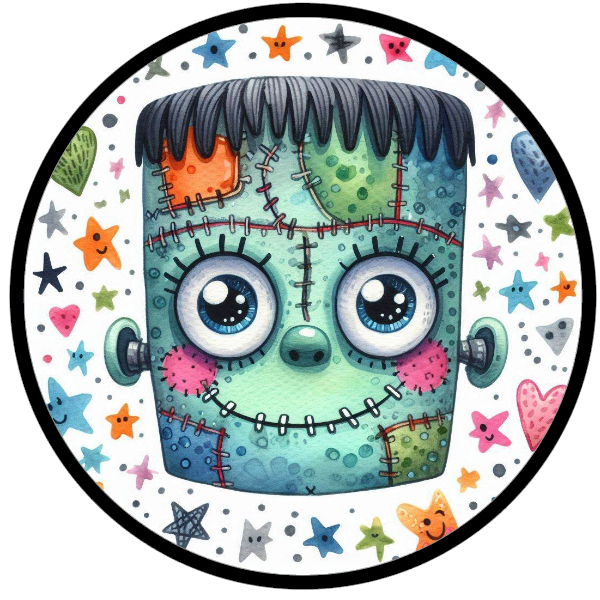 Colorful Frankenstein with star and heart designs 
