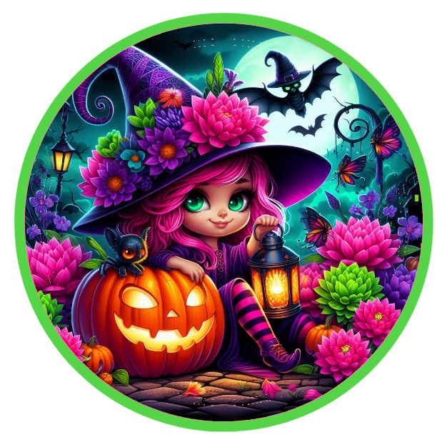 Witch with a pumpkin and colorful flowers 