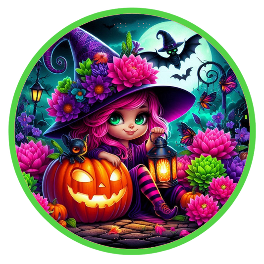 Witch with a pumpkin and colorful flowers 