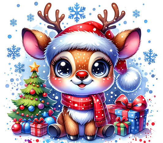 Reindeer in a Santa hat with Christmas decorations on a snowy background