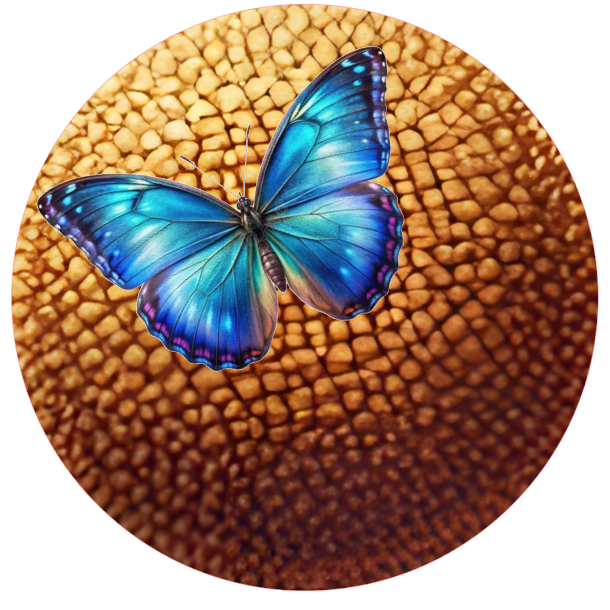 Close-up of a daisy head with light and dark beige pieces and a blue butterfly