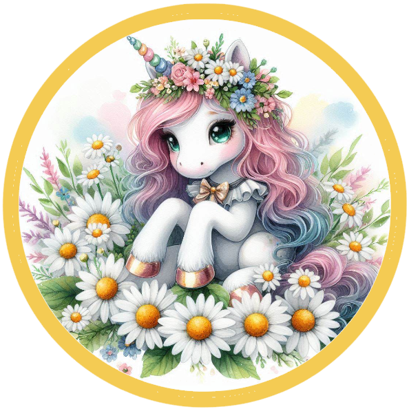Unicorn with pink hair sitting on daisies 