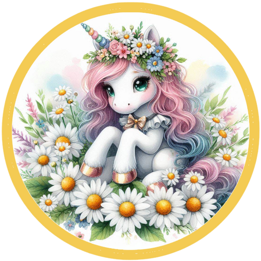 Unicorn with pink hair sitting on daisies 