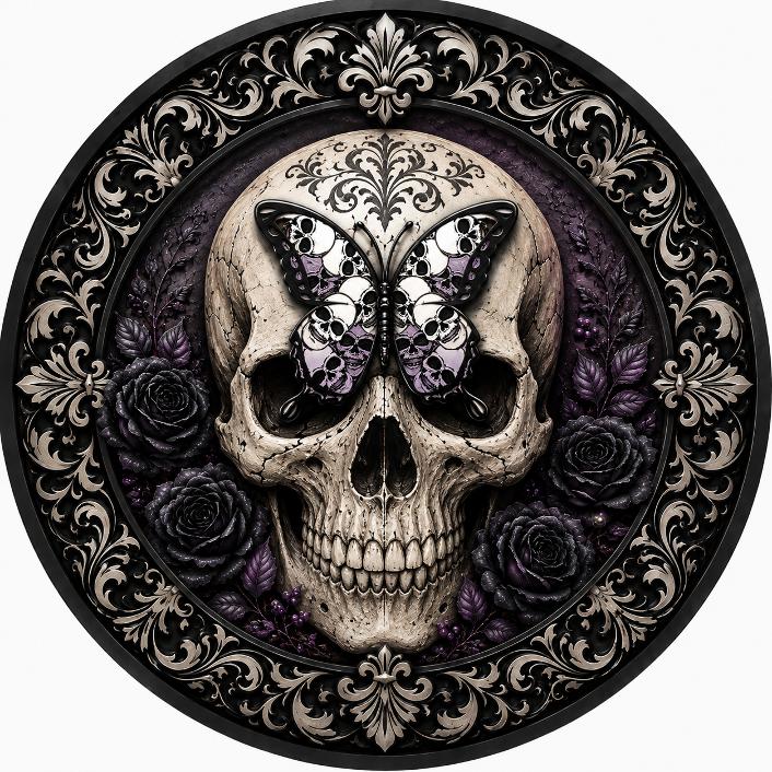 Round metal wreath sign featuring a damask style creme and black dominant theme skull with butterflies and roses by Monkey's Creations. 