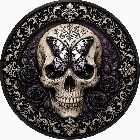 Round metal wreath sign featuring a damask style creme and black dominant theme skull with butterflies and roses by Monkey's Creations. 