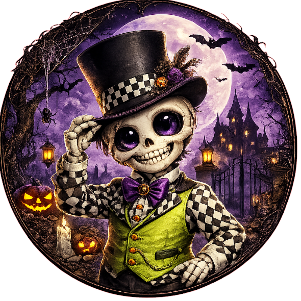 Round metal wreath sign with a dapper skeleton wearing a top hat and Halloween elements by Monkey's Creations. 