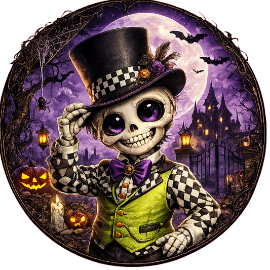 Round metal wreath sign with a dapper skeleton wearing a top hat and Halloween elements by Monkey's Creations. 