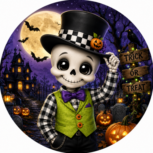 Round metal wreath sign with a dapper skeleton wearing a top hat and Halloween elements by Monkey's Creations. 