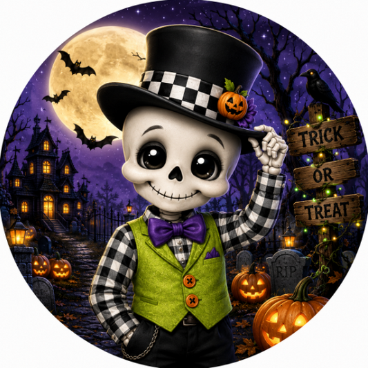 Round metal wreath sign with a dapper skeleton wearing a top hat and Halloween elements by Monkey's Creations. 