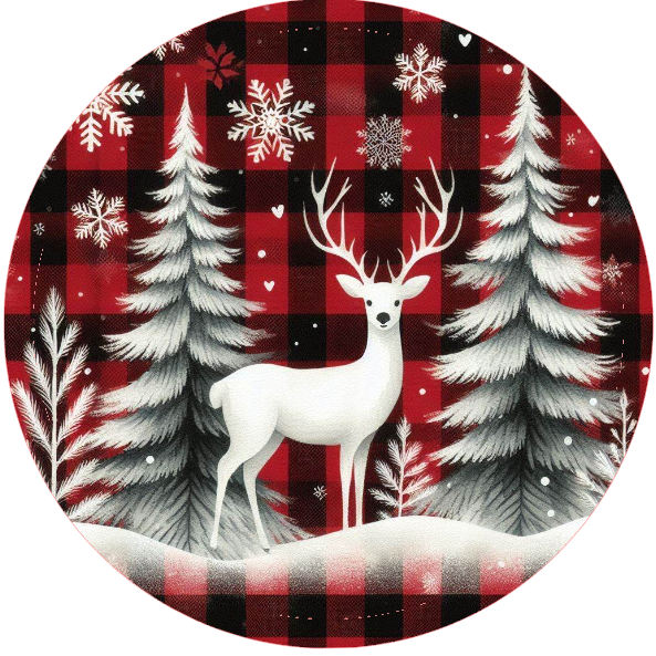 Deer in a forest on a red and black checkered background