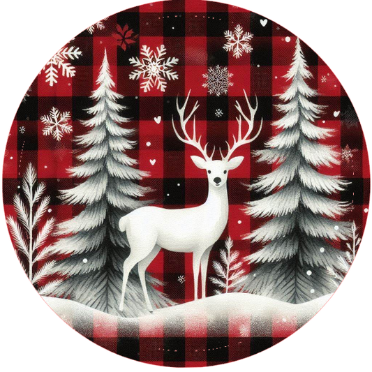 Deer in a forest on a red and black checkered background