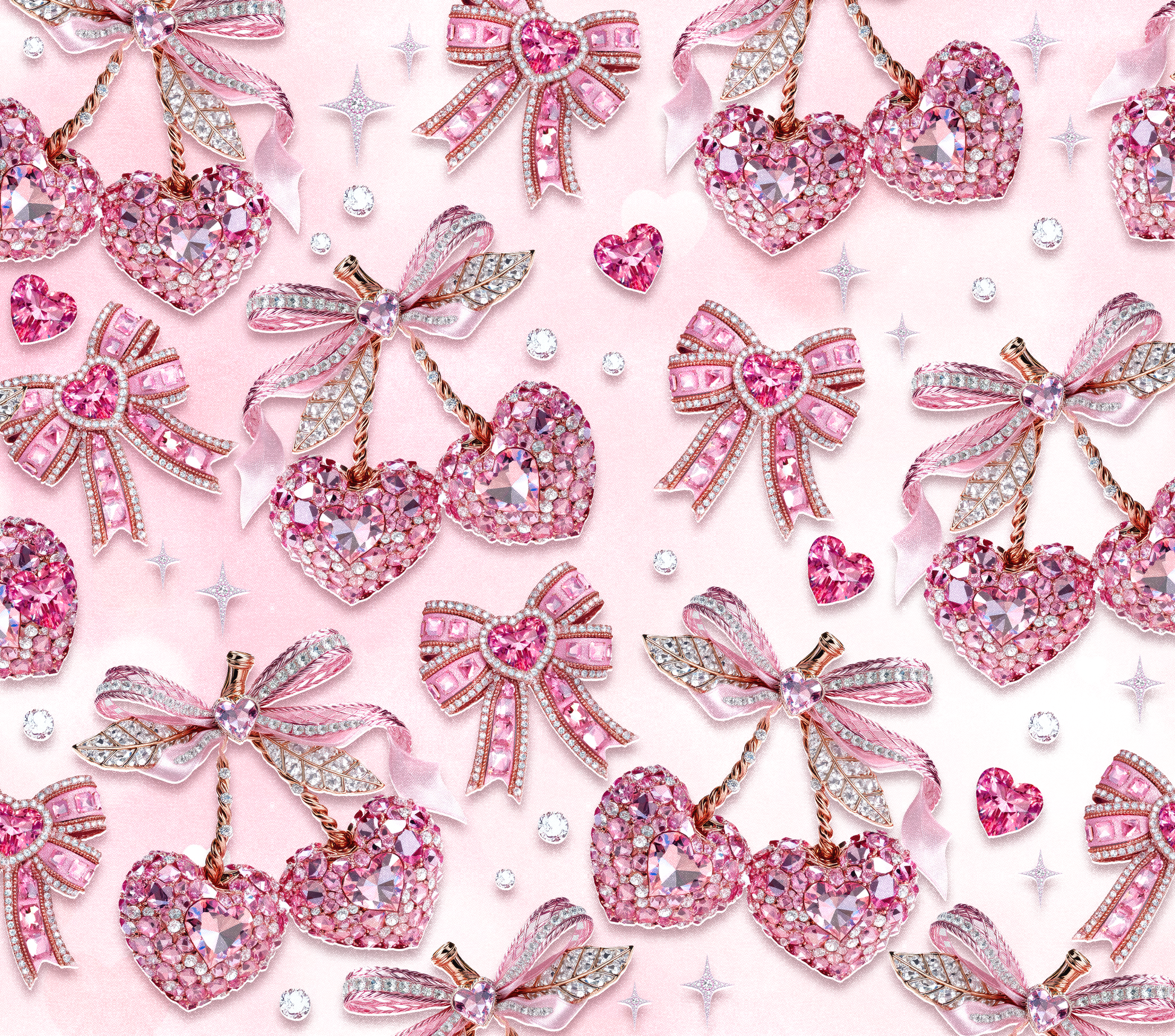 Pattern of pink hearts and bows with rhinestones on a pink background
