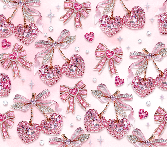 Pattern of pink hearts and bows with rhinestones on a pink background