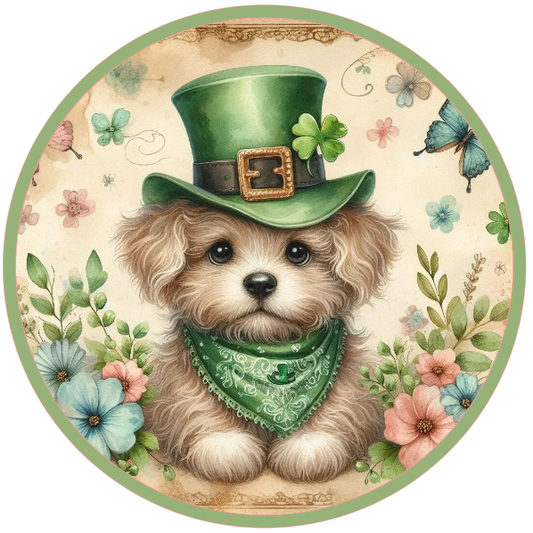 Dog wearing a green leprechaun hat with flowers, shamrocks and butterflies