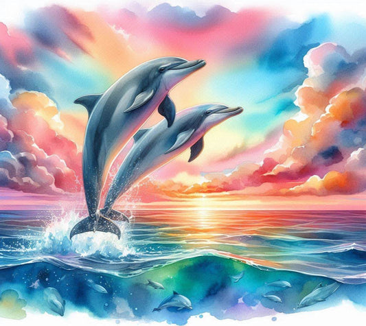Two dolphins leaping out of water with a colorful, cloud-filled sky in the background