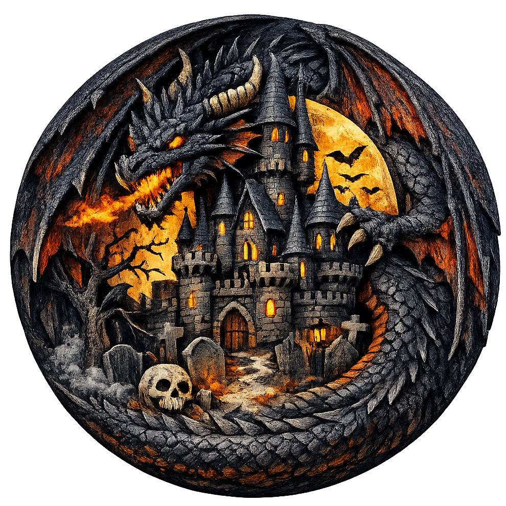 Dragon on a castle with skulls, a graveyard and bats metal wreath sign designed by Monkey's Creations