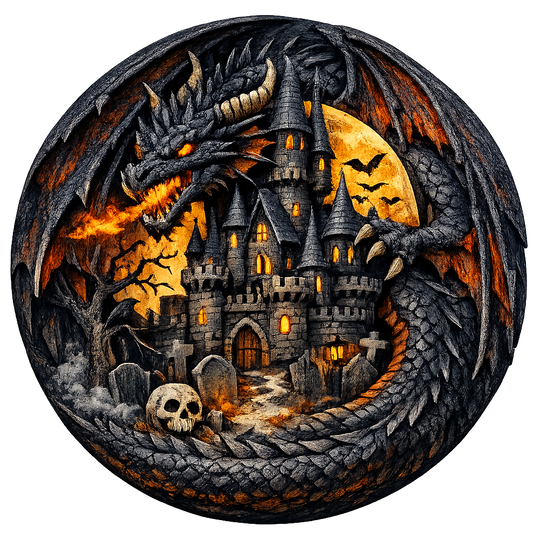 Dragon on a castle with skulls, a graveyard and bats metal wreath sign designed by Monkey's Creations