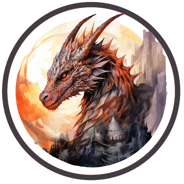 Dragon with fiery background, castle and rock face