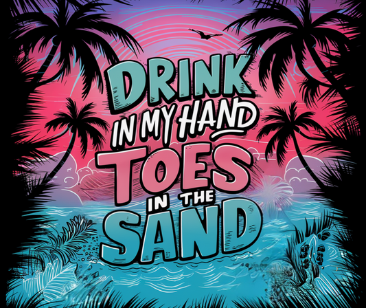 Tropical-themed graphic with palm trees, beach elements, and text 'Drink in my hand Toes in the sand' on a colorful background.