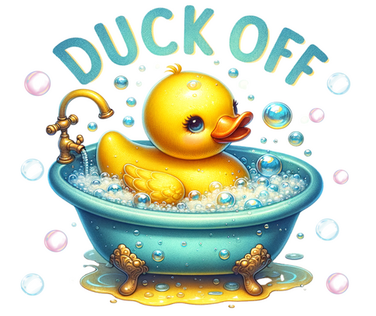 Yellow rubber duck in a bathtub with bubbles and 'DUCK OFF' text above.