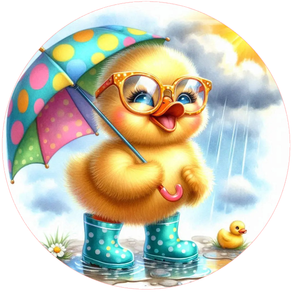Cartoon duck holding a colorful umbrella with a cityscape background