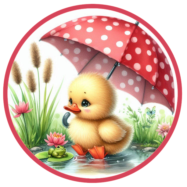 Duckling under a red polka dot umbrella with a pond and flowers in the background.