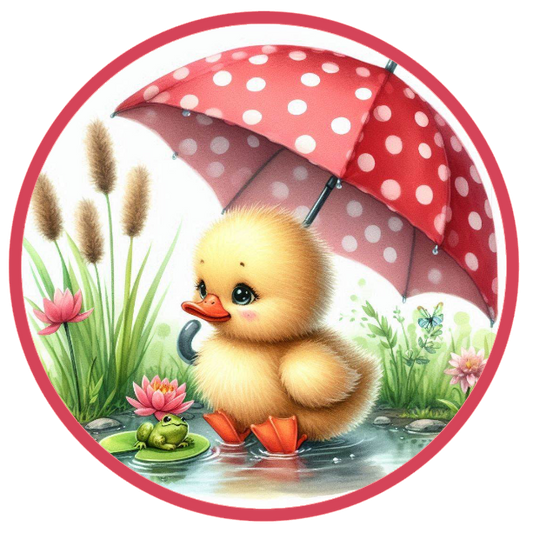 Duckling under a red polka dot umbrella with a pond and flowers in the background.