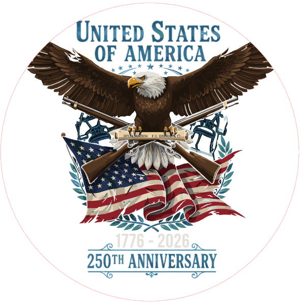 Eagle holding an American flag with 'United States of America 250th Anniversary' text on a white background