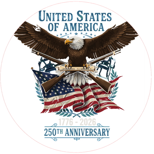 Eagle holding an American flag with 'United States of America 250th Anniversary' text on a white background