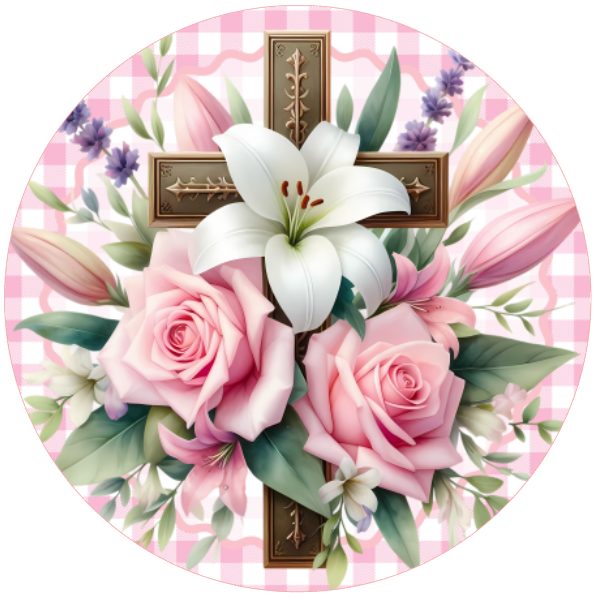 Pink roses, white lilies, and a cross on a floral and check background.