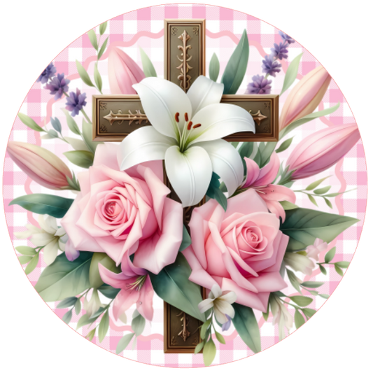 Pink roses, white lilies, and a cross on a floral and check background.