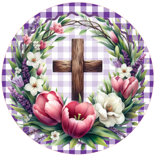 Round metal wreath sign with flowers and a wooden cross on a checkered background