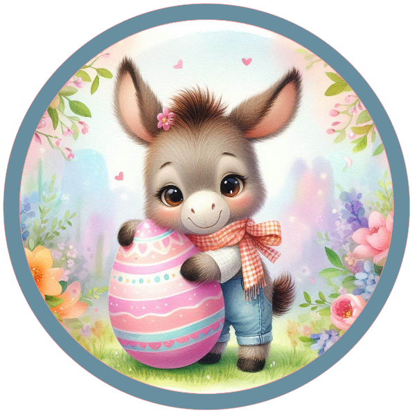 round easter metal wreath sign with a donkey holding an Easter egg with a floral background