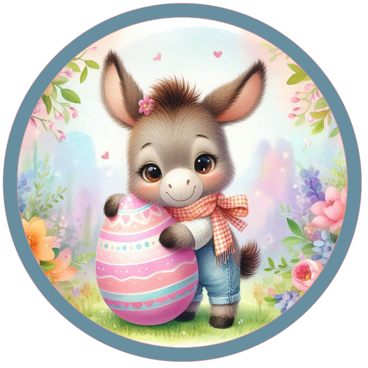 round easter metal wreath sign with a donkey holding an Easter egg with a floral background